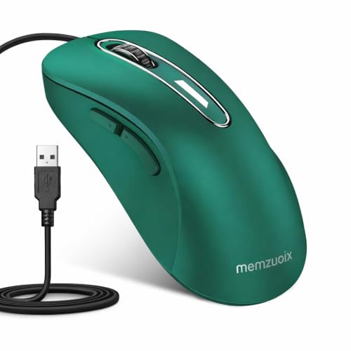 memzuoix Wired Mouse, USB Computer Mouse 1400 DPI Mobile Optical Mouse Ergonomic Design Computer Mice with 5FT Cord for Laptop, PC, Desktop, MacBook, 5 Buttons (Dark Green)