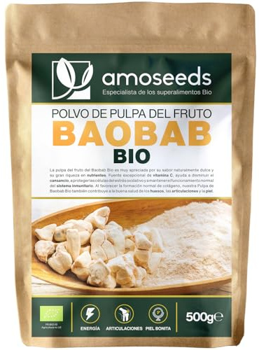 Polvo de Baobab BIO 500g | Energía, Articulaciones, Piel | Fuente de Vitamina C | 100% fruto Deshidratado y Molido | Primera Calidad