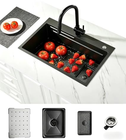 Evier Cuisine 1 Bac Noir 70 × 45 cm,Evier Inox 1 Bac,2 Trous Pour Robinets,Ensemble Comprenant Une CréPine,Un Bac De DéCongéLation,Un Panier De Vidange Et Un Siphon