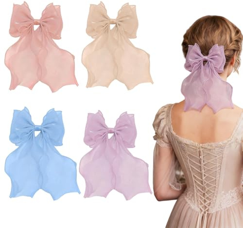 4pcs Bow Hair Clip Set, Long Tail Large Bow Hair Bows for Girls, Hairs Accessories for Women with Long Ribbon Vintage Party Accessories, Hairbows Suit to Parties and Festivals pink bows