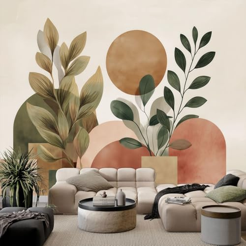 Générique Papier Peint Mural Panoramique 200 x 140 cm, Papier Peint Photo Minimaliste Bohème Feuilles Aquarelle - Fresque Murale Affiche Décoration pour Salon Chambre d'Enfant Terracotta