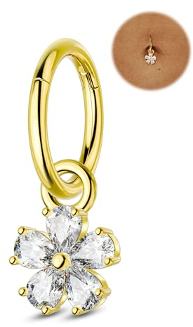 Agrewd Clicker Belly Button Bars Gold 14G Flower Belly Rings Dangle Belly Button Navel Piercing Jewellery Surgical Steel 8mm
