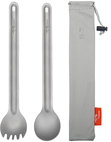 TiTo Titanium Long Handle Spork and Spoon Eco-Friendly Ultralight Portabale Flatware for Outdoor Camping Backpacking Hiking Travel Picnic Tableware with Bag(2pcs Sandblasting)