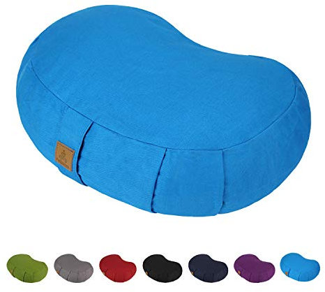 FelizMax Crescent Zafu Meditation Pillow, Zabuton Yoga Bolster, Meditation Cushion, Floor Pouf, Yoga Pillow, Zippered Organic Cotton Cover, Natural Buckwheat, Kneeling Pillow- Sky Blue and Large Size