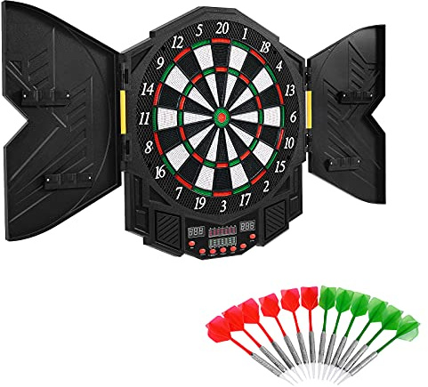 DREAMADE Cible/Jeu de Fléchettes Electronique avec 12 Fléchettes,27 Jeux,216 Jeux Variations,4 Ecrans LED,Volume Réglable pour 1-8 Joueurs dans Maison,Bureau,Bar