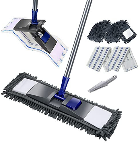 Masthome Wischmopp Set mit 4 Wischpads,Chenille Bodenwischer mit Lang Griff, Mikrofaser Flachmopp for Hardwood,Marble,Tile Reinigung,Senden 1 Schaber,Blau