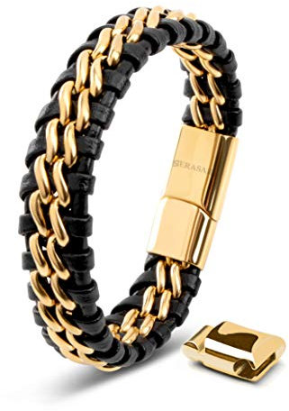 SERASAR Lederarmband für Männer 23cm Gold Herren Armband Leder Armreif Lederband Herrenarmreif Armschmuck Schmuck Herrenschmuck Armkette Flecht Wickelarmband Kette