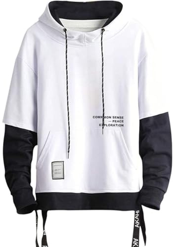 Moshtashio Sudadera con Capucha para Hombre Contraste Color Pullover Patchwork Manga Larga Hoodie Casual(Blanco,M)