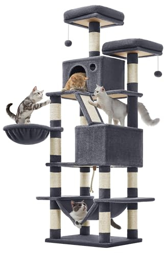 Feandrea Árbol para Gatos Grandes, Torre de Gatos de 168 cm de Altura con 13 Poste, 2 Plataformas, 2 Cuevas, Cesta, Hamaca, Pompón, Rascador Multinivel, Gris Ahumado PCT165G01