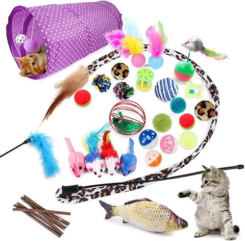 28 Stück Katzenspielzeug Set, Verschiedene Packungen mit Katzenspielzeug, Katzentunnel, Federspielzeug, Bälle, Fisch, Zahnstäbchen, Teaser-Stäbchen, Mäuse, interaktives Katzenzubehör, Lagerung