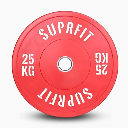 SUPRFIT Plaques de musculation en granulés de caoutchouc 50 mm Poids : 25 kg Disques d'haltères absorbant les chocs 50 mm pour l'entraînement aux haltères Rouge/blanc