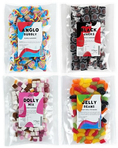 Just Treats Sweet Quartet - Anglo Bubbly, Jelly Beans, Black Jack Chews, Dolly Mixture (4 x 175g Bags) - 1,2,7,17