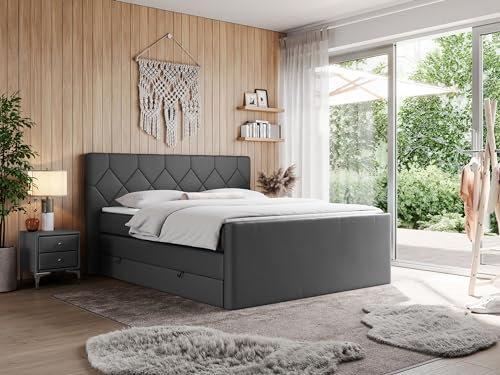 MKS MEBLE King Boxspringbett 180x200 Mit Bettkasten, Polsterbett Mit Multipocket-Matratze H3, Kopfteil und Topper - Dunkelgrau Kunstleder - Eigar
