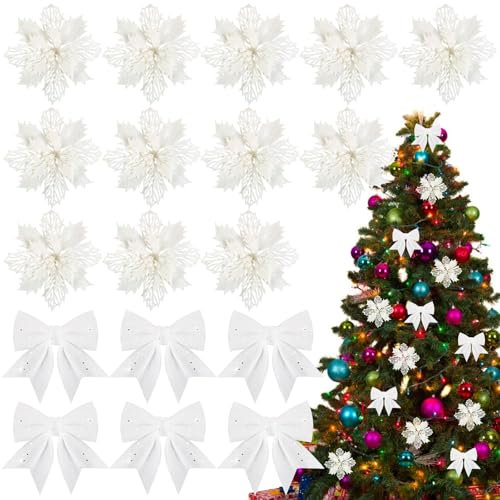 BOFUNX 12pcs Fleurs de Poinsettia 16cm Scintillantes Artificielles Fleurs Blanches de Noël à Paillettes +6pcs Nœuds Papillon Blanches pour Sapin Decoration Ornements Noël