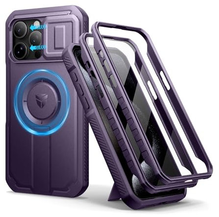 Dexnor Coque Compatible avec iPhone 15 Pro Max Magnétique avec Couverture de Caméra Coulissante & Support Réglable & Film de Protection D'écran Intégré, Boîtier de Pare Chocs Robuste - Fantôme Violet
