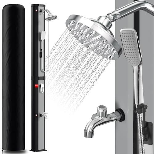 Eulenke Solardusche 60L Solar Gartendusche mit 360° Regenduschkopf, Wasserhahn und handbrause, Warmes Wasser Max. 60℃, ohne Stromanschluss, Pooldusche mit Schutzhaube-Ablassschraube, Schwarz/Silber