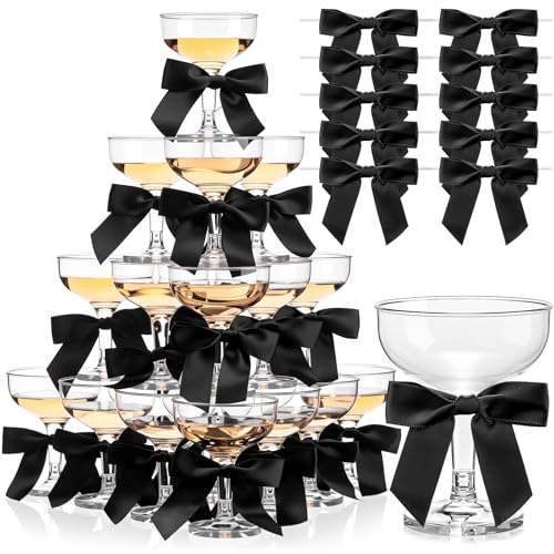 Zopeal 30 Set Champagne Tower Champagne Coupe Cocktail Glasses 5 oz with Satin Bows 3.5 Inch Plastic Margarita Espresso Martini Glasses for a Tiny Bit Older Valentine's Birthday Party (Black Bow)