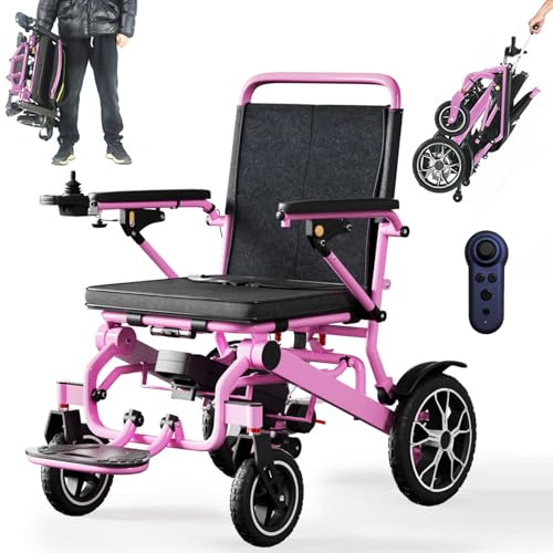 19Kg Ultra Lightweight Portable Compact Adult Travel Electric Wheelchair, 700W Power Output, 24Ah Battery, 30Km Long Range, Elderly motorised Chair, Airline Approval (Pink)