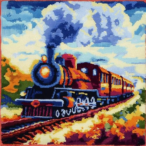 Kit di ganci a chiusura per cuscino,kit di ricamo,treno retrò dei cartoni animati,gancio di chiusura per cuscino principianti,federa per cuscino da divano,43x43cm
