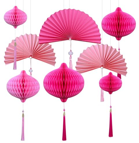 KASESSS Lot de 8 Decoration Fete, Rose Pompons Éventails en Papier Deco Fete, Boule à Pompom Papier, Eventail Boule Nid d'abeille Suspendre Décoration pour Mariage, Anniversaire, Festival, Carnaval