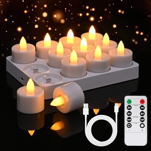 Diealles Shine Velas LED, 12 Unidades Velas Recargables con Temporizador y Mando a Distancia, Velas Decorativas LED con Luz Parpadeante, vela electrica Decoración para Halloween Navidad Bodas Fiestas