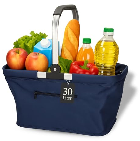 Shoppingkorg Carry – stabil och vikbar korg med handtag av aluminiumram – ca. 30 l korgväska för shopping och utflykter – shoppingväska av polyester med mjukt handtag, färg: blå