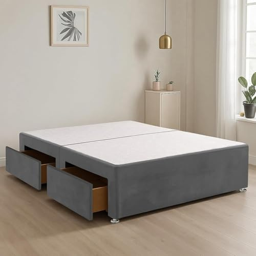 Grey Plush Fabric Divan Bed Base with 4 Built-In Storage Drawers | Stylish Upholstered Bed Base for Smart Living (3FT Single)