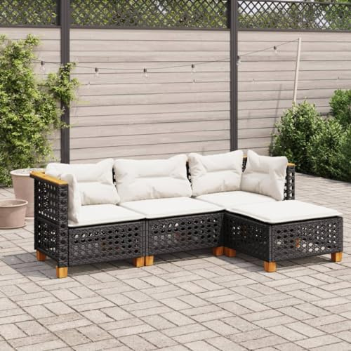 Frdhee Muebles de terraza para exteriores, 4 piezas, juego de sofás de jardín con cojines de poliratán negro, juego de bistró para patio, exterior