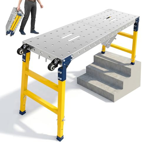 Galvaniserad plåt arbetsplattform 120 × 36 cm, hopfällbar arbetsbänk, mobil svetsbord, multifunktionell arbetsplattform med 4 styrhjul, 60–90 cm justerbar höjd, byggnadsställningar 500 kg