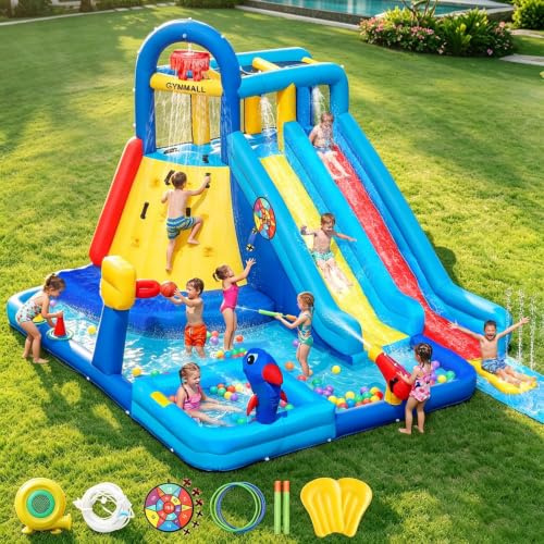 GYMMAL Castello Gonfiabile per Bambini con Parete d'Arrampicata, Doppio Scivolo e Scivolo Acquatico - Giochi da Esterno per Bambini 3-12 Anni (4x3,6x2,6m)