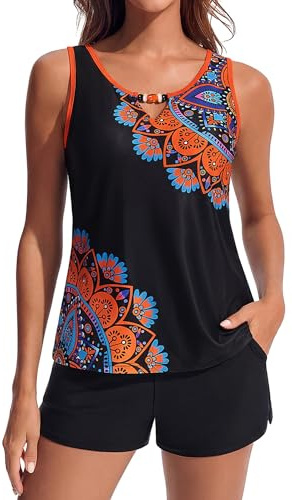 Hanna Nikole Tankini - Traje de baño de dos piezas para mujer, bañador de dos piezas, camiseta de tirantes push up con pantalones cortos, traje de baño deportivo para mujer, ropa de playa deportiva, L