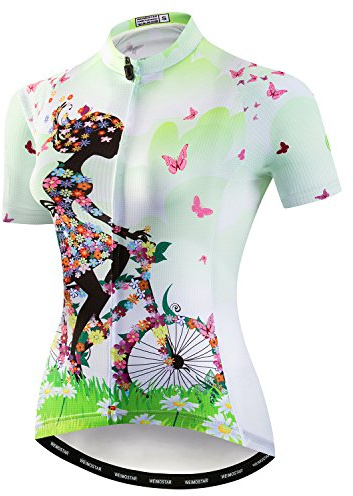 Women Cycling Short Sleeve Jersey Bike Bicycle Clothing Flowers Jacket with Big Reflective Tape M
