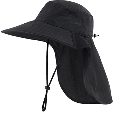 Magracy Herren Damen Outdoor-Sonnenhut mit Nackenklappe breiter Krempe Netzstoff UV-Schutz Hut Gartenarbeit Angelhüte Schwarz
