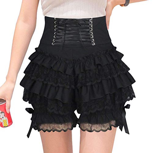 Minetom Femme Dentelle Short Pantalons Été Plisée Sécurité Culotte Lolita Princesse Victorienne Steampunk Froufrous Hot Pantalons B Noir L