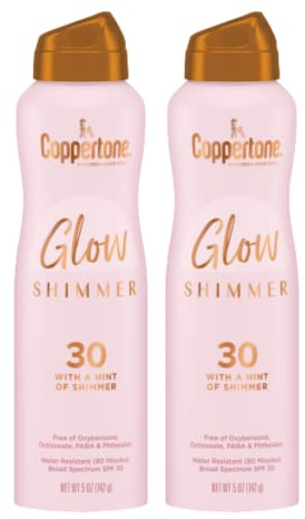 Coppertone Glow Shimmer Sunscreen Spray SPF 30, Water Resistant Broad Spectrum SPF 30 Spray Sunscreen, Free From Parabens, PABA, Phthalates, Octinoxate and Oxybenzone, 5 Oz Bottle, Pack of 2