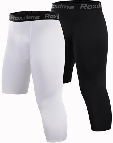 Roxdme Paquete de 2 Mallas Capri de compresión 3/4 de una Pierna para Hombre, Pantalones de Baloncesto atléticos para Correr, Black+White (Right Short)-s, Small
