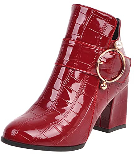 Bviennic Mujer Invierno Fiesta Tacón Ancho Chelsea Botines Cremallera Punta Redonda Boda Bride Charol Vestido Botines Warm Vino Rojo Talla 36.5 EU-37Cn