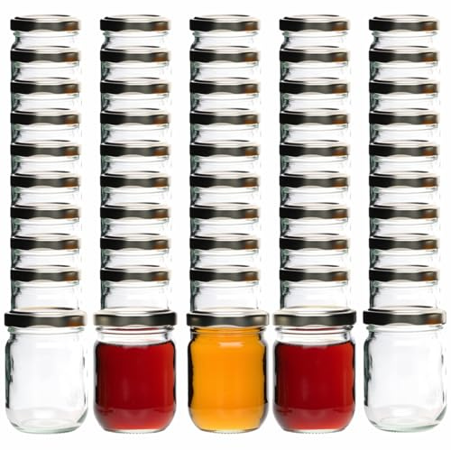gouveo Lot de 50 bocaux de conservation ronds (0,13 l) avec couvercles Twist-Off argentés TO 53, pots en verre pour confiture, gelée, miel, épices et portions (HEG125S)