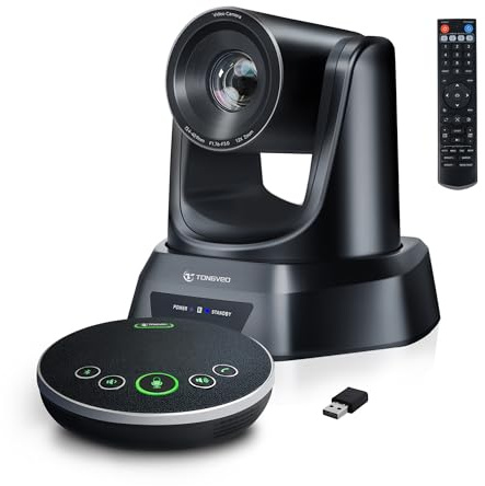 TONGVEO AI 12X PTZ Conference Camera System with Bluetooth Microphones, Auto-Tracking USB3.0 1080P 60fps Webcam,75° Wide-Angle All-in-One Video Conference Solution for Church & Office