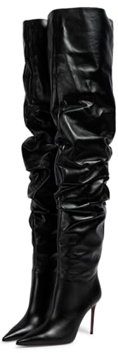 Roimaash Women Fancy Slouchy Dress Boots Overknee Stiletto Heels Thigh High Boots Pointed Toe Pull on Party Dress Boots Wide Calf Black Size 36