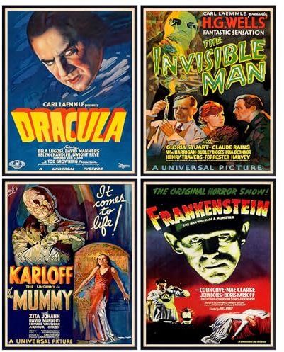 Vintage Horror Movie Poster Set 11x14 - Movie Art Print for Man Cave, Teens Room - Gothic Home Theater Wall Art Decor - Horror Movie Gifts, Horror Posters for Boys Rooms - Frankenstein, Dracula, Mummy
