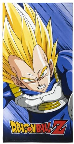 Toalla Infantil de Dragon Ball - Multicolor - 70x140cm - Elaborada con 100% Poliéster de 240 gsm - Toalla Pequeña - Estampado de Vegeta - Producto Original Diseñado en España