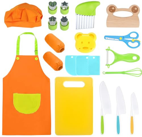 20 Stück Kindermesser Kinder Schneidemesser Kinder Küchenmesser Set Montessori Kochen für Kinder Inklusive Holzmesser und Schneidebrett Schneiden und Kochen von Obst oder Gemüse für Kleine Kinder