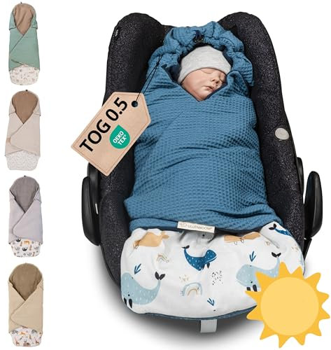 ULLENBOOM Einschlagdecke Babyschale Sommer, Aus 100% OEKO-TEX Materialien - Blau Wale (Made in EU) - Decke für Babyschale & Kinderwagen, Für gängige Kindersitze, ideal für 0 bis 9 Monate