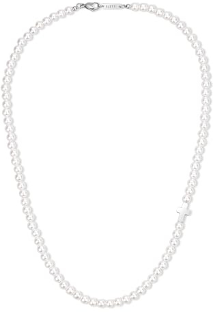 GAVU Collana di Perle da Uomo, Collana Uomo Perle di Conchiglia Bianche con Charm Croce Religiosa 60cm