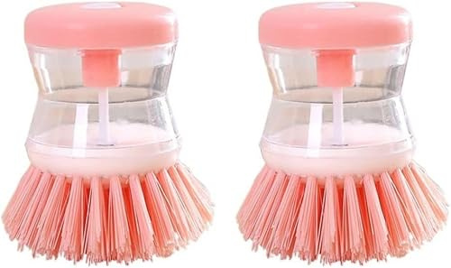 Pack of 2 Pink Soap Dispenser Brush, Kitchen Brush for Cleaning Pots and Pans, Dish Brush with Liquid Soap Dispenser, Fruit and Vegetable Kitchen Utensils, Gadgets