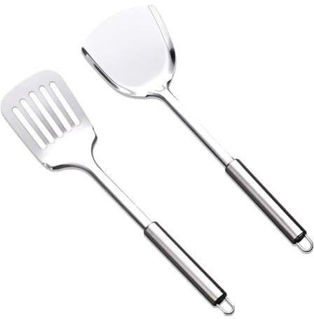 2 Stück Pfannenwender Edelstahl Anzug, Langlebig Pfannenwender Spatula Mit hängenden Löchern Edelstahl Pfannenwender und Kochblume Pfannenwender Pfannenwender Set für Möbel Restaurantküche