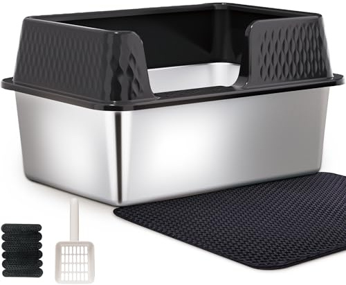Vealind Stainless Steel Litter Box Metal Cat Litter Tray Heavy Duty, High Sided Cat Litter Tray with Detachable Rim Enclosure Sturdy Durable Large Kitty Litter Pan