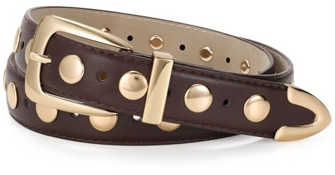 JasGood Cinturón de cuero para mujer con hebilla dorada, cinturón punk rock vintage, cinturón de moda con remaches para jeans y uso diario, café, 130cm: Für Größe 105cm-114cm