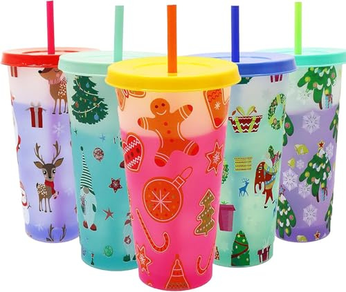 dididudi 5PCS Christmas Color Changing Cups, 710ML Christmas Iced Plastic Drink Cup with Lid and Straw, Plastic Cup Santa Claus Snowman Reusable Cups for Xmas Winter Party Kids Adults Favors